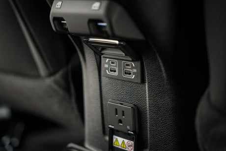 Stay charged in your RV rental! Integrated USB-A, USB-C, & AC power outlets provide versatile connectivity.