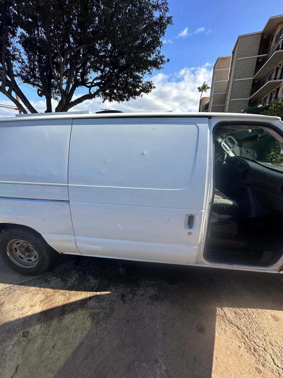 White cargo van with open door, dents visible. Parked outdoors; a rugged rv rental option. — photo 9
