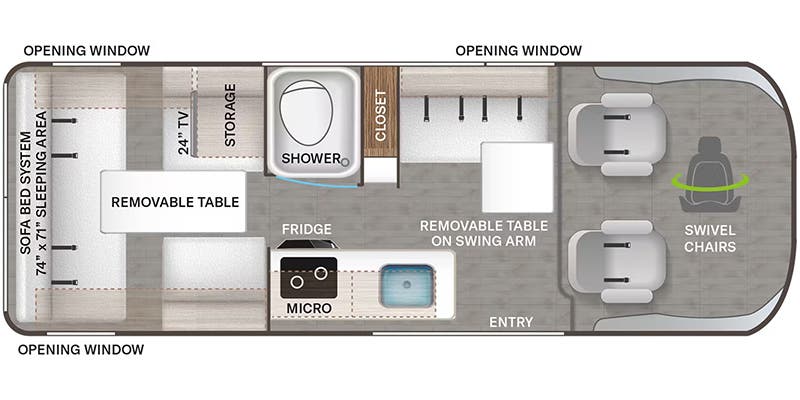 RV rental camper van interior floor plan: compact layout with sofa bed, kitchen, shower, and swivel chairs.