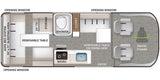 RV rental camper van interior floor plan: compact layout with sofa bed, kitchen, shower, and swivel chairs.