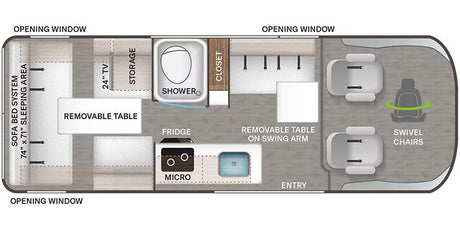 RV rental camper van interior floor plan: compact layout with sofa bed, kitchen, shower, and swivel chairs.