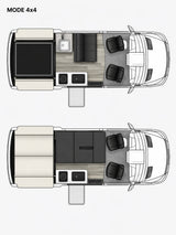 RV rental: Two convertible floorplans of a camper van. Top: seating, kitchen, and rear lounge. Bottom: large bed setup.