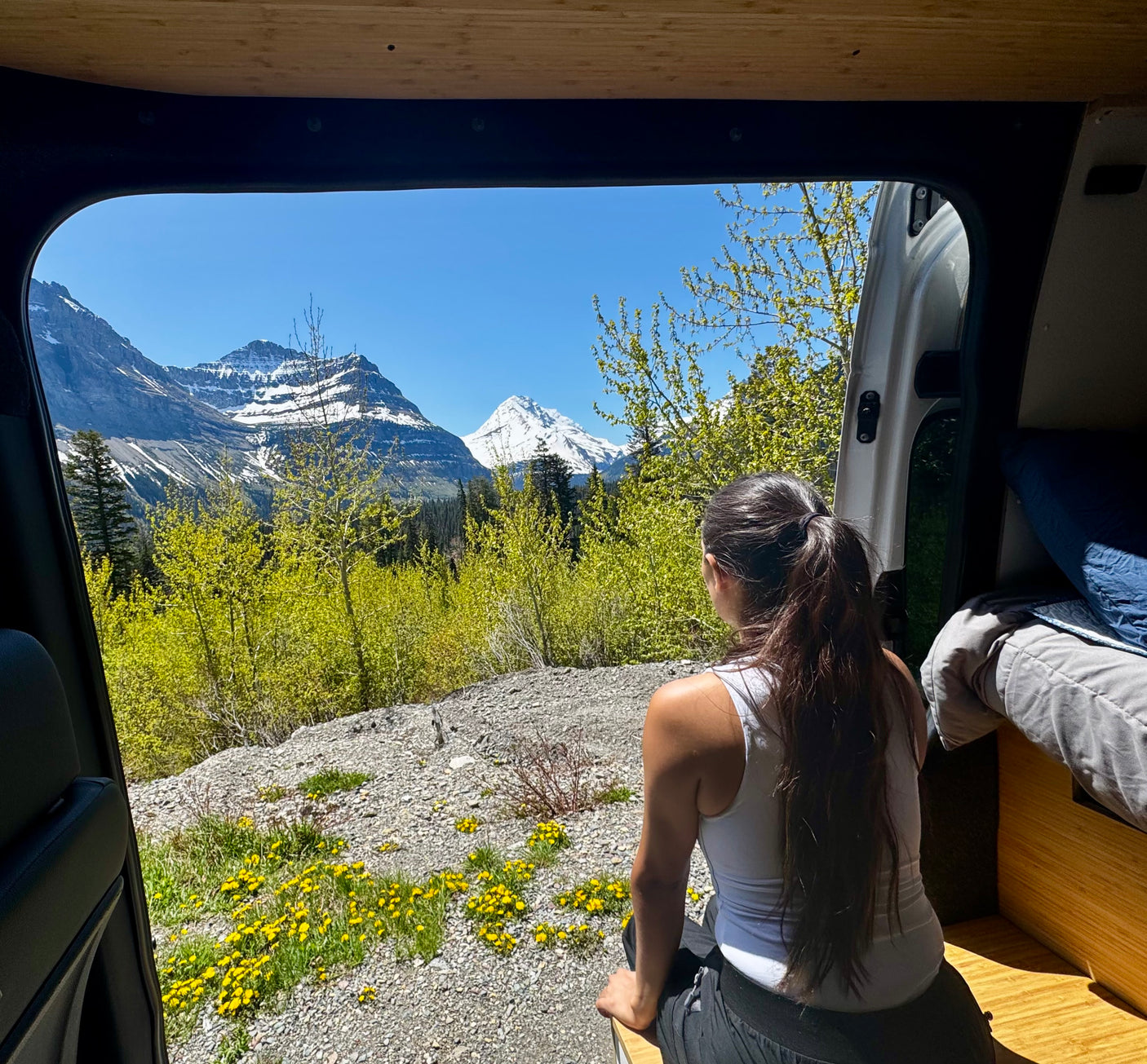 A traveler enjoys the stunning snow-capped mountain view, vibrant green trees, and yellow dandelions from an RV rental.