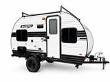 This Sunray Sport teardrop camper is an ideal RV rental for rugged outdoor adventures. White & black, with off-road tires.