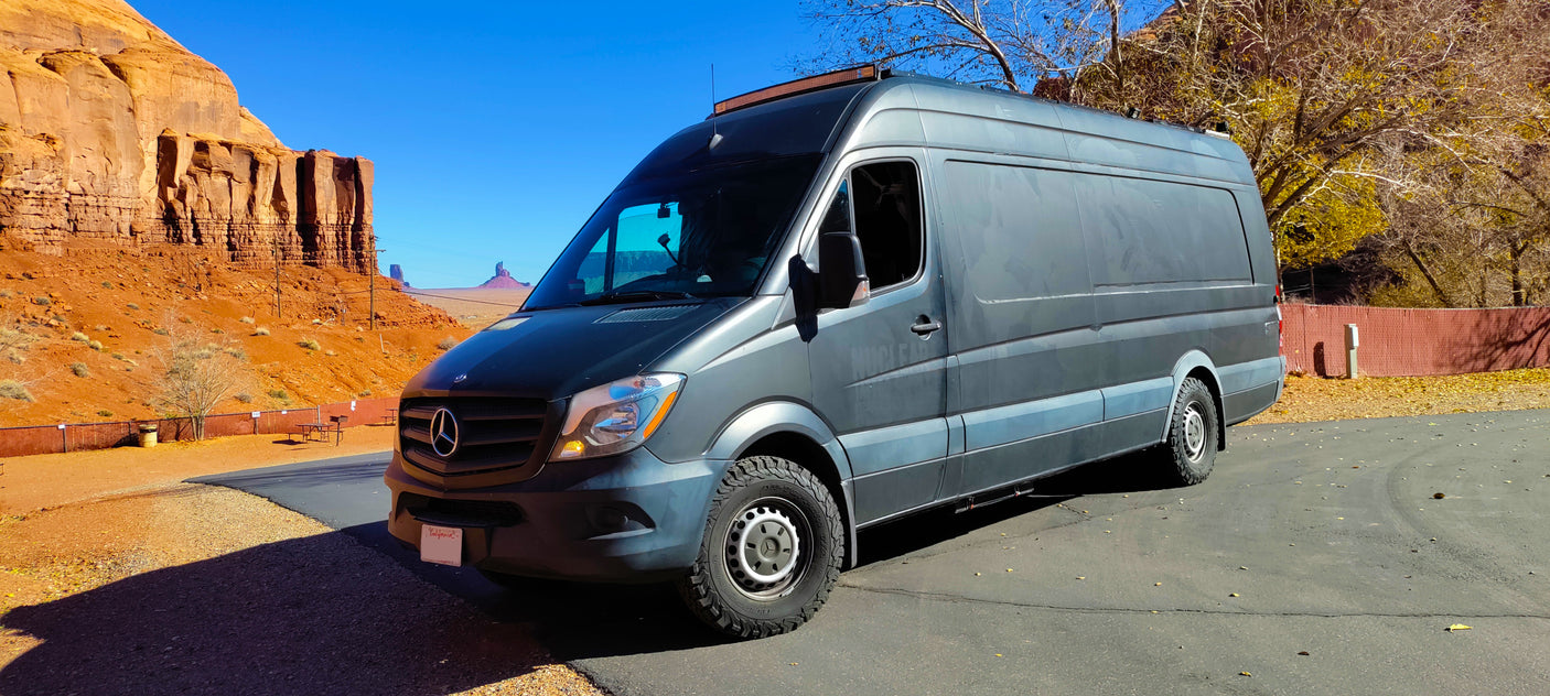 Dark grey Mercedes Sprinter RV rental parked at Monument Valley with stunning red rock mesas under a clear blue sky. Travel adventure.