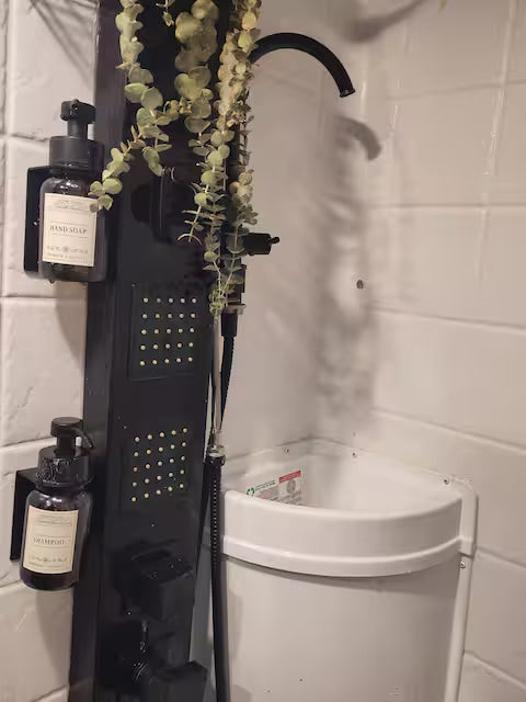 Efficient RV rental shower area with a sleek black panel, built-in soap dispensers, a hanging plant, and a space-saving corner sink.