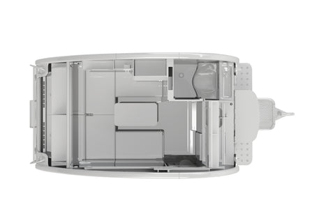 Clear cutaway view of a modern RV rental interior from above, detailing its efficient floor plan and sleek layout.