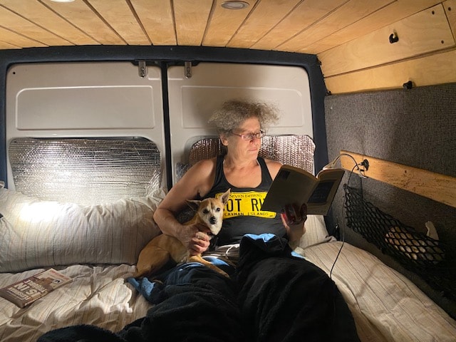 Cozy RV rental: A woman with glasses reads a book, her small dog on her lap, inside the illuminated van. — photo 14