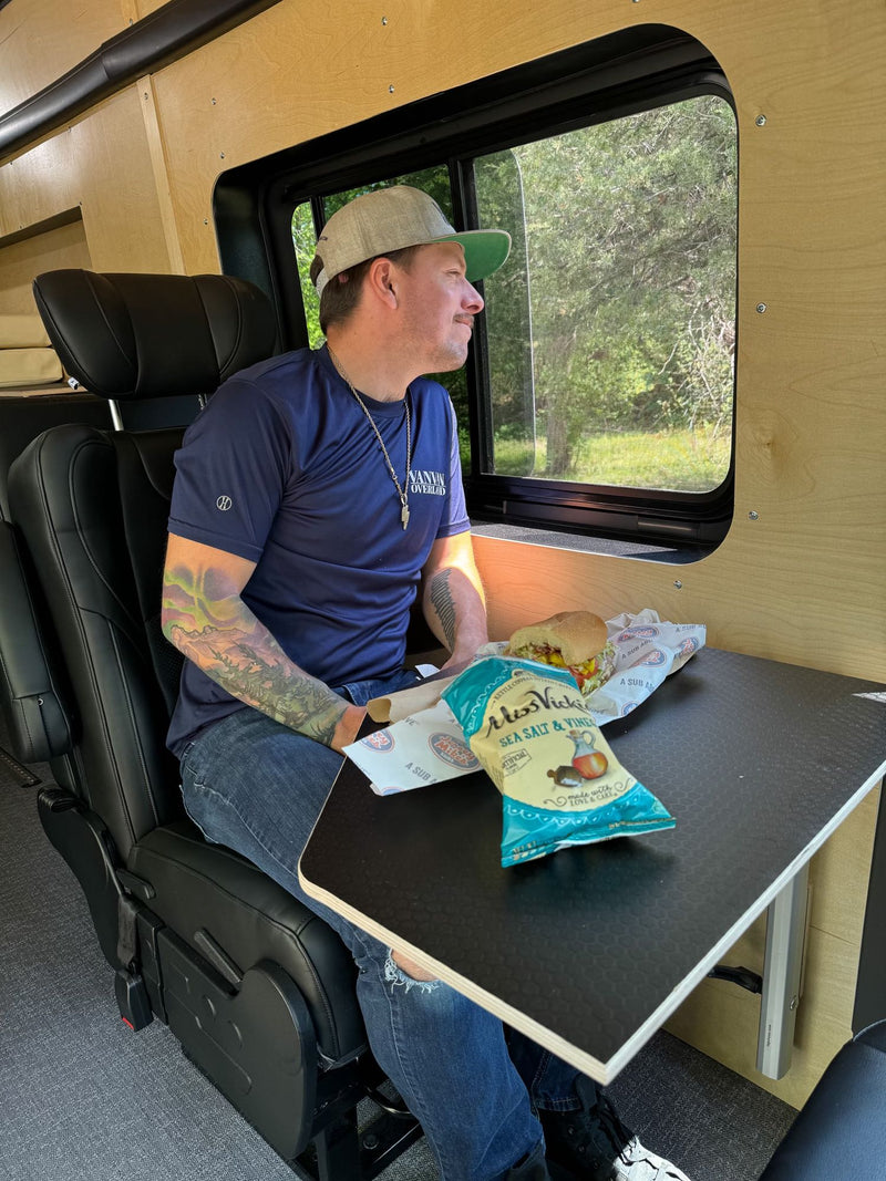  looking out a window at nature.|Inside an **rv rental**: Victron power monitor (100% battery — photo 8