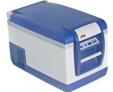 A blue and white portable ARB refrigerator/freezer, ideal for an rv rental. Note its control panel and side vents.