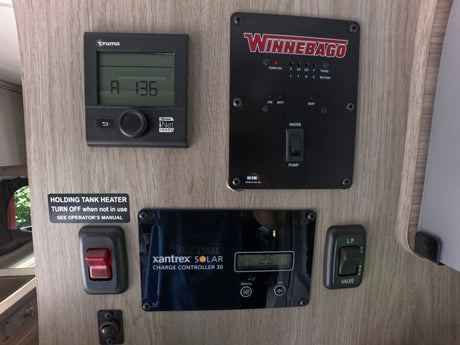 RV rental interior: Key controls include Truma, Winnebago tank/battery monitor, solar, holding tank heater, and LP gas valve.