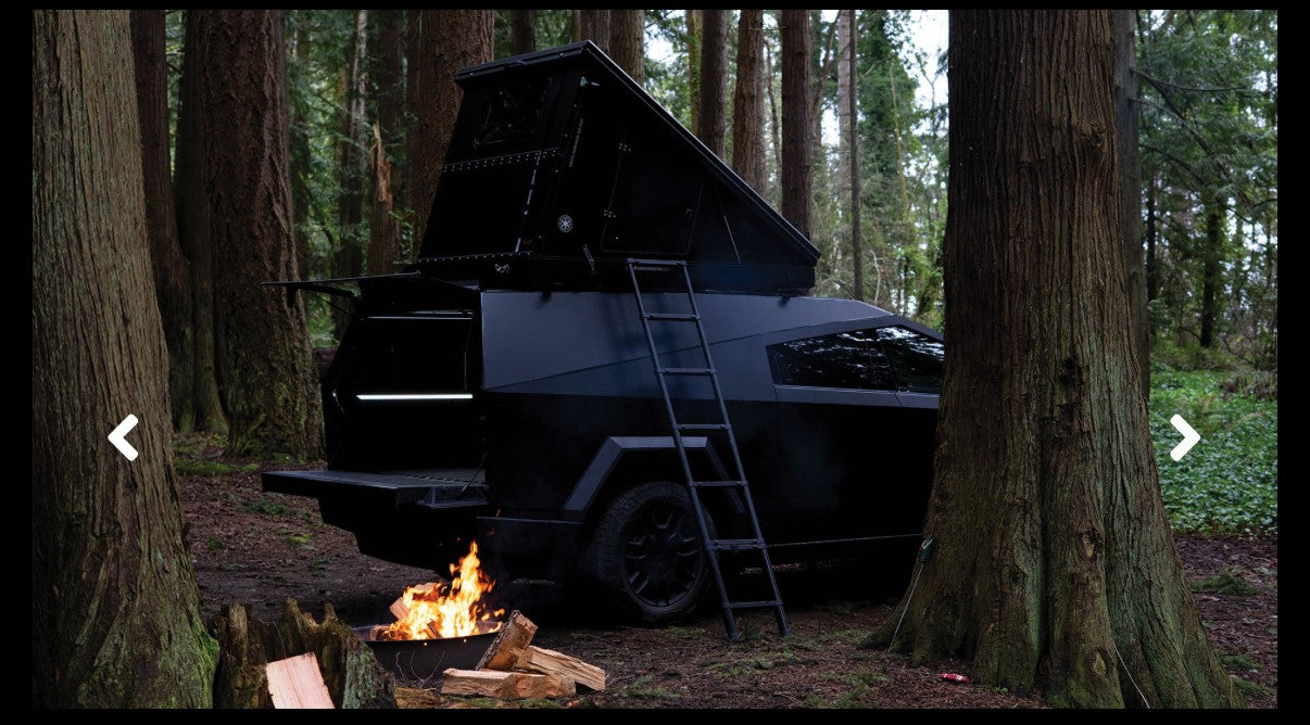 Experience nature with this unique RV rental: a Tesla Cybertruck with rooftop tent in a serene forest by a campfire.