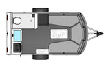 RV rental interior floor plan: Compact camper layout with kitchen, bath, and convertible living/sleeping area.