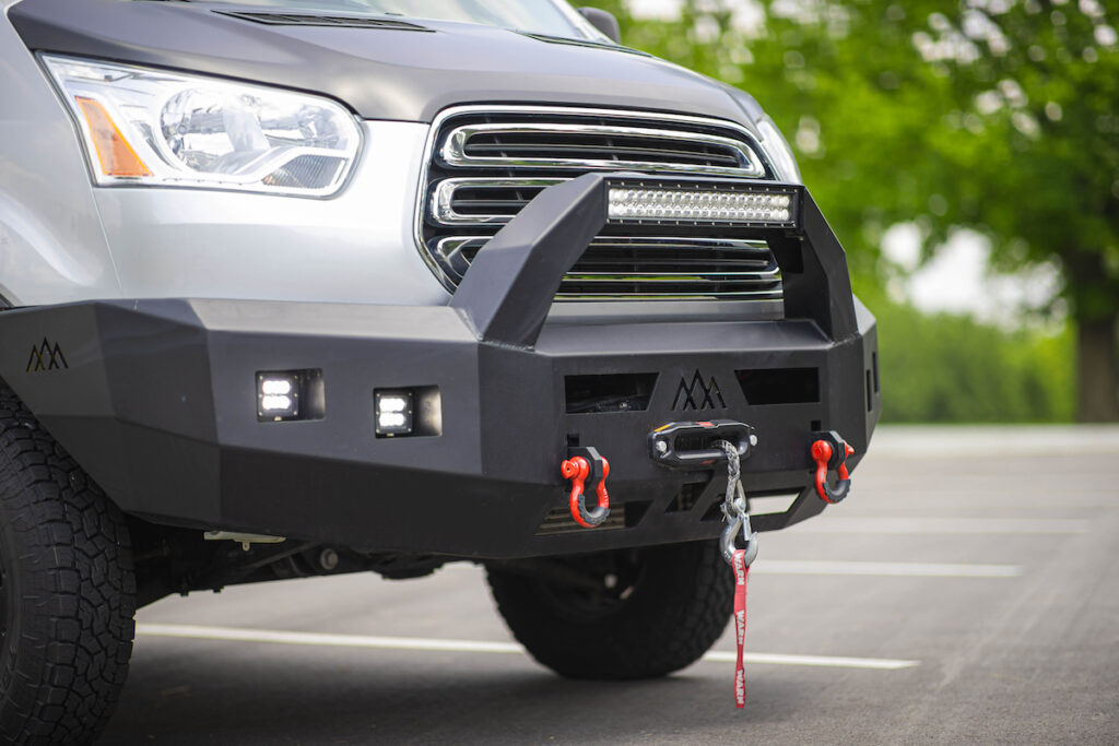 Explore with this robust rv rental van, featuring an off-road bumper, winch, and powerful LED lighting for adventure.