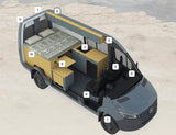 This RV rental interior features a cozy bed (10), kitchen (3), dinette (9), and front cabin (5, 8) in a modern camper van.