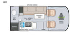 Compact 18M RV rental floor plan: features include a wet bath, pull-out bed (72"x47"), kitchen, and swivel chairs.