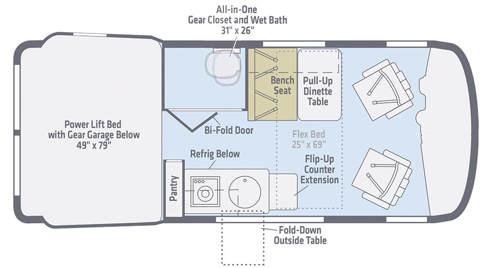 RV rental floor plan: Explore this camper van's smart layout with a bed, bath, kitchen, and versatile dinette.