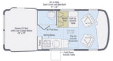 RV rental floor plan: Explore this camper van's smart layout with a bed, bath, kitchen, and versatile dinette.