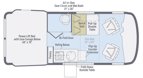 RV rental floor plan: Explore this camper van's smart layout with a bed, bath, kitchen, and versatile dinette.