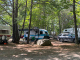 A spacious, shaded rv rental campsite featuring multiple travel trailers, including a blue 'Retro' model, parked among tall trees.