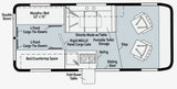 This RV rental floor plan shows a versatile interior with a Murphy bed, dinette, kitchen, and cargo tie-downs for flexible use.