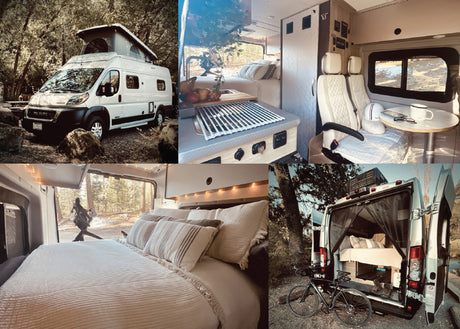 This rv rental showcases a white camper van, its spacious interior with bed, kitchen, dining, and outdoor campsite setup.