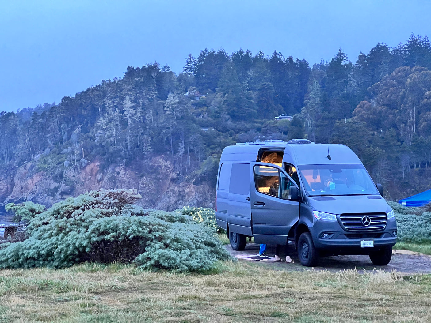 Relaxing in an RV rental: a gray Mercedes camper van with its door open, parked on a grassy cliff by a forest.