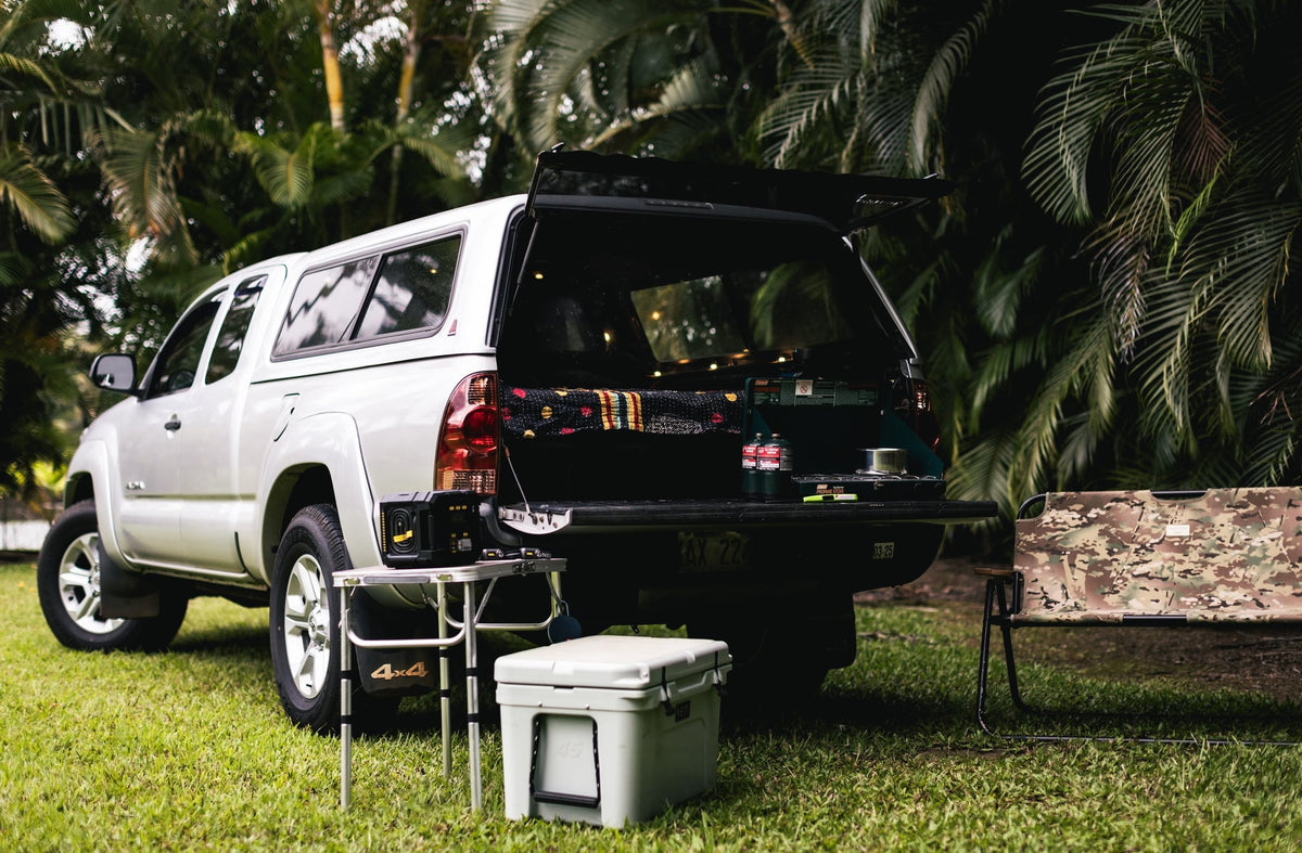 Equipped truck camper setup for an outdoor rv rental adventure