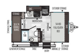 RV rental floor plan: See bunks, full/queen bed, kitchen, bath, & storage. Plan your adventure in this detailed interior layout.