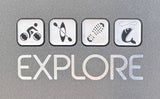 RV rental options for adventure: Icons depict cycling, kayaking, hiking, and fishing, with "EXPLORE" text.