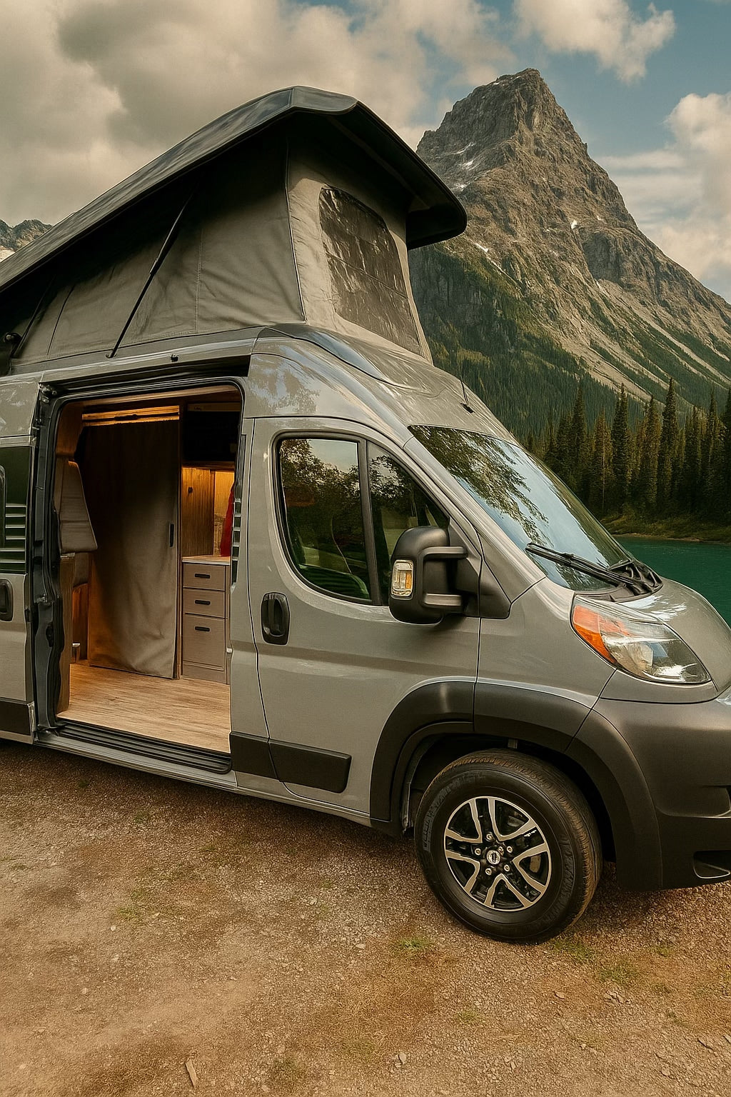 This pop-top camper van, an ideal rv rental, sits by a serene mountain lake, inviting outdoor adventure and cozy travel.