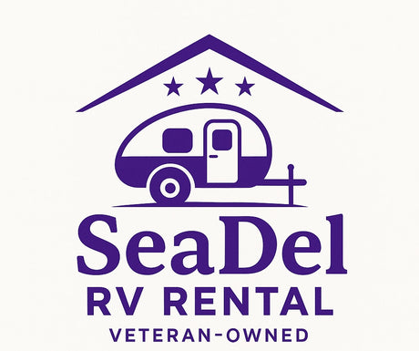 SeaDel RV Rental logo: a purple camper under a roof with stars, with "Veteran-Owned" text below.