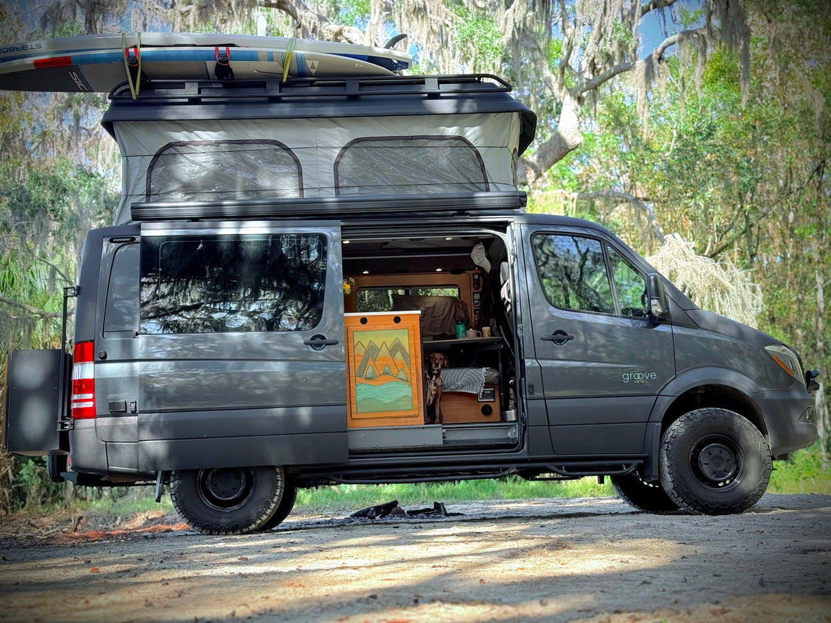 Custom grey Sprinter camper van, great for rv rental.