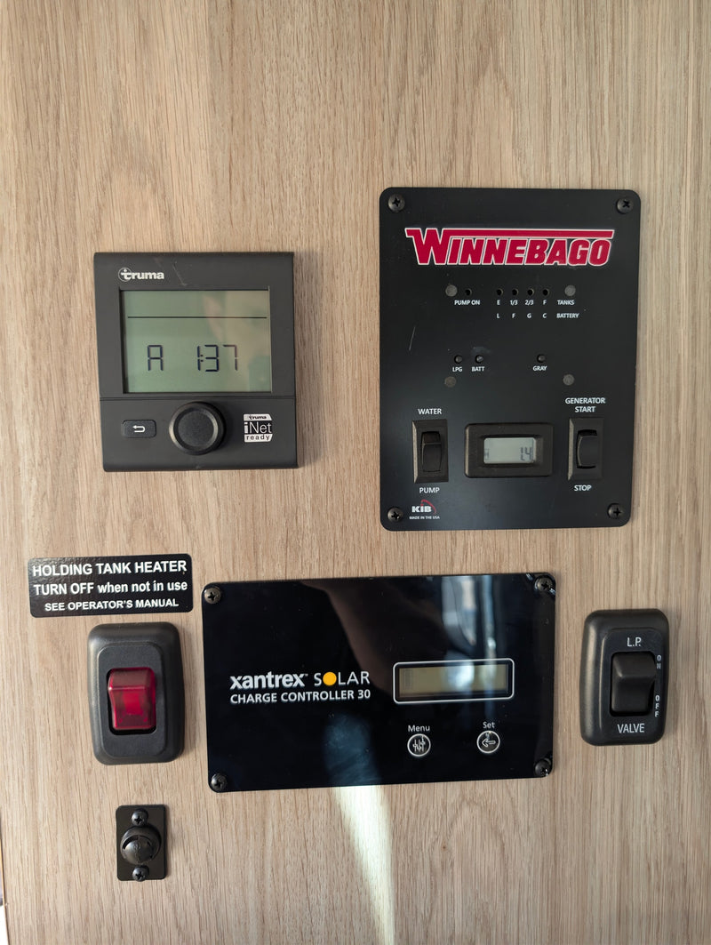 RV rental control panel: Truma heater, Winnebago tank/generator controls, Xantrex solar charger, tank heater, LP valve. — photo 18