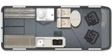 RV rental floor plan: Detailed interior layout with front seats, dining, bathroom, kitchen, & rear bed.