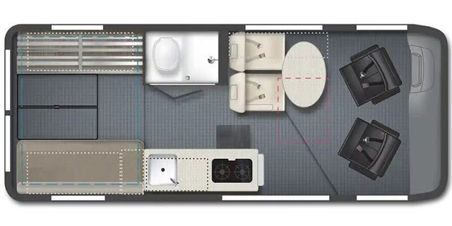  door open to interior. Parked in sunny desert with mountains & clear blue sky.|RV rental floor plan: Detailed interior layout with front seats