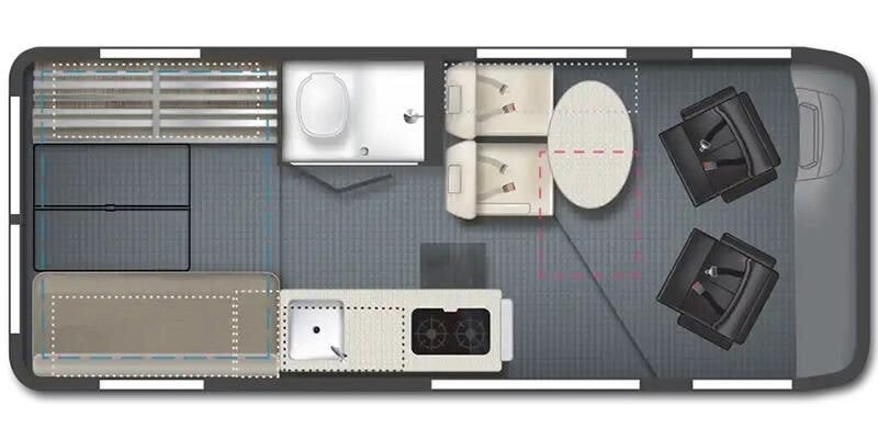  door open to interior. Parked in sunny desert with mountains & clear blue sky.|RV rental floor plan: Detailed interior layout with front seats — photo 1