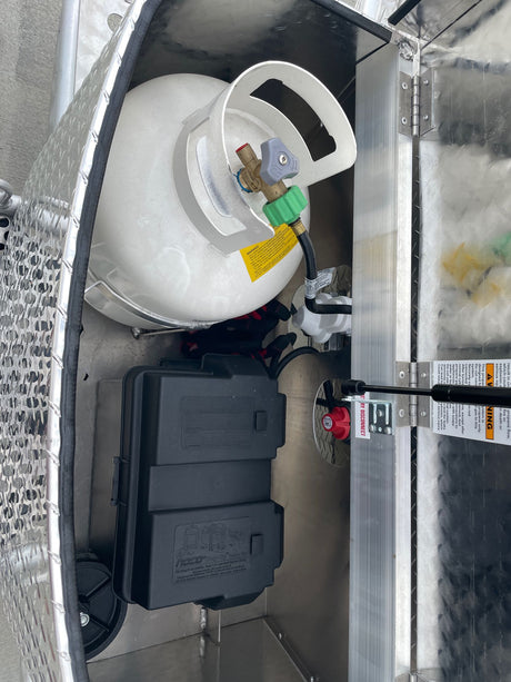 RV rental utility setup: propane tank, battery box, and disconnect switch. Provides power and heating for your trip.