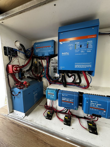 Victron Energy power system for an rv rental, featuring MultiPlus inverter, lithium battery, solar charge controllers, and DC-DC charger.