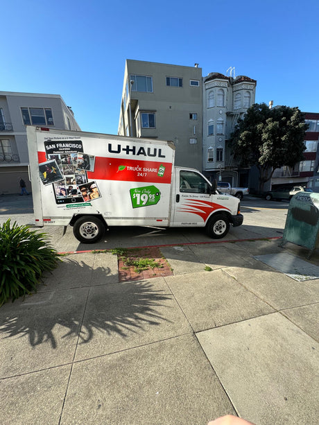 White U-Haul moving truck for rent in San Francisco. While not an RV rental, it's perfect for moves.