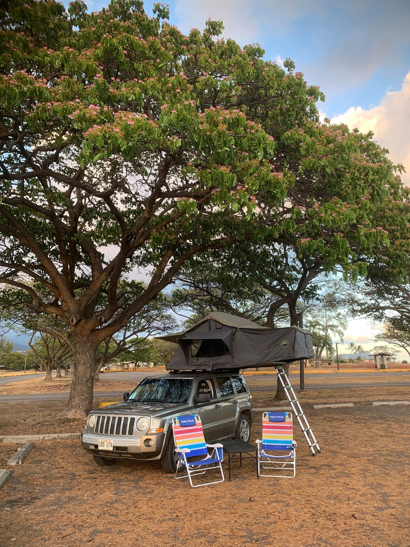 This RV rental alternative features a rooftop tent on a Jeep, with chairs set up under a large flowering tree. — photo 17