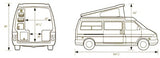 Diagram showing camper van dimensions for RV rental. Rear view details interior layout; side view shows pop-top height & length.