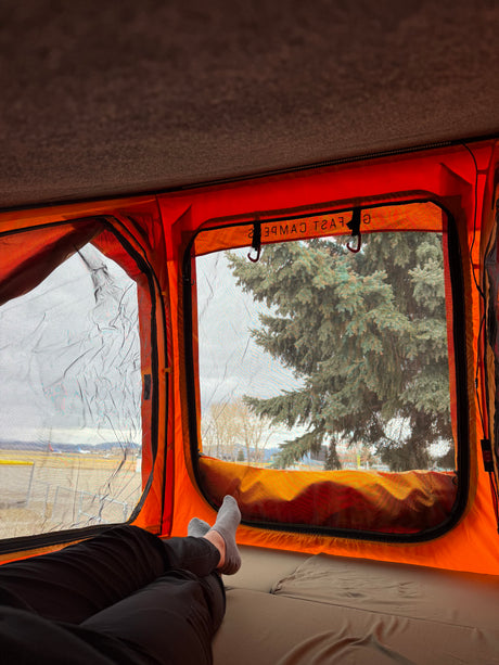 Relaxing inside an RV rental rooftop tent, a cozy retreat with a view of a large evergreen tree and open landscape.