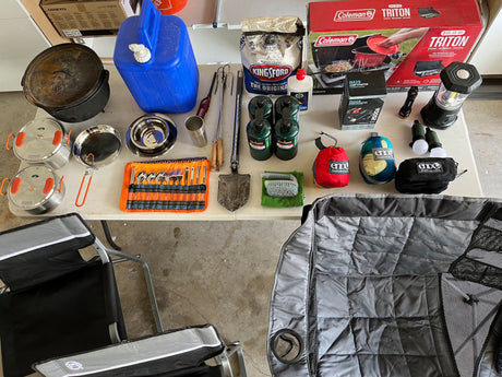 RV rental essentials: Outdoor cooking gear, hammocks, chairs, and camping supplies, ready for your next adventure.