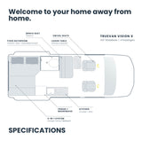 RV rental floor plan of a TrueVan Vision X camper van, showcasing its 4-passenger interior layout.