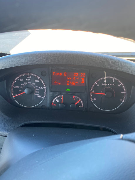 Dashboard of an RV rental showing speed, RPM, fuel, temperature, and digital readouts including 54°F, 4415 miles, and 2:45 AM.