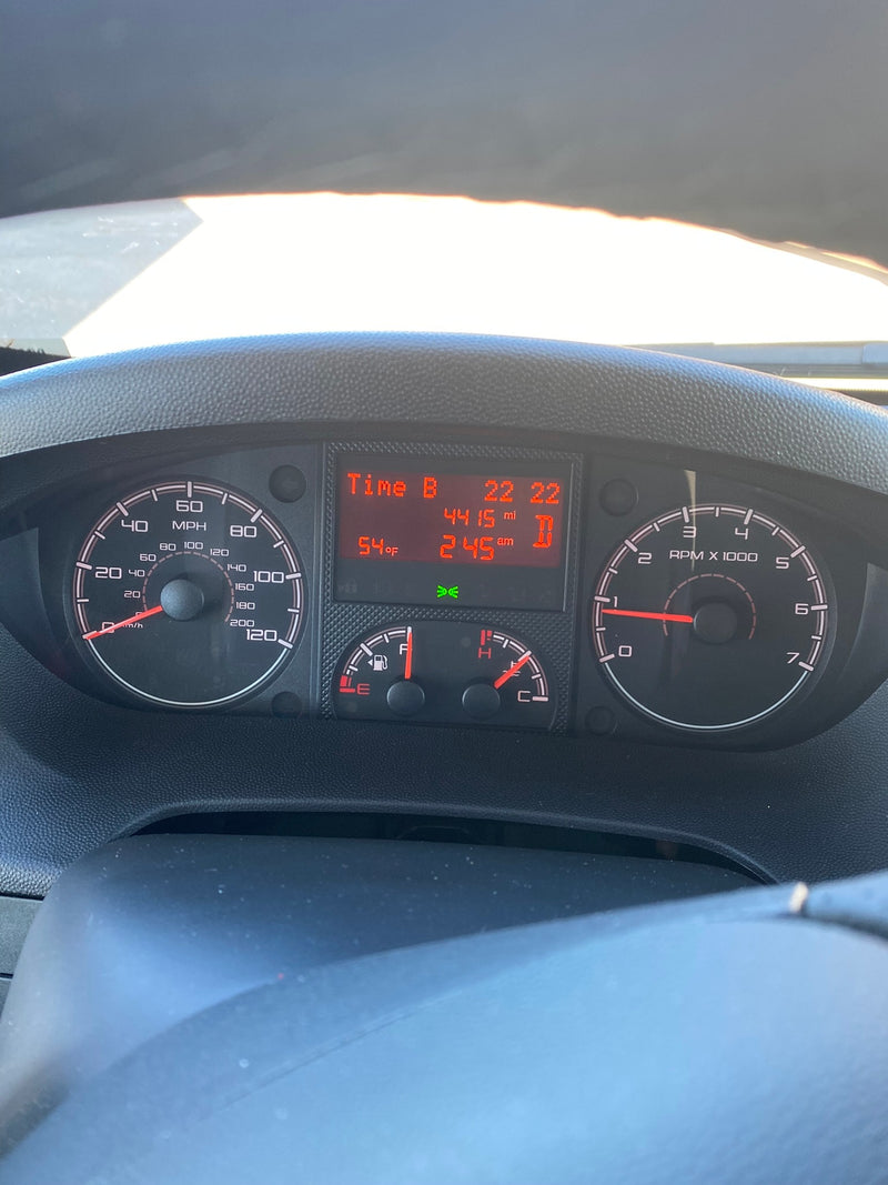 Dashboard of an RV rental showing speed, RPM, fuel, temperature, and digital readouts including 54°F, 4415 miles, and 2:45 AM. — photo 13