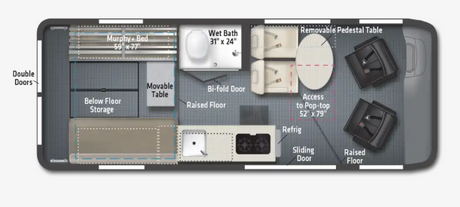 RV rental floor plan: A compact camper interior with bed, wet bath, kitchenette, and flexible dining/seating area.