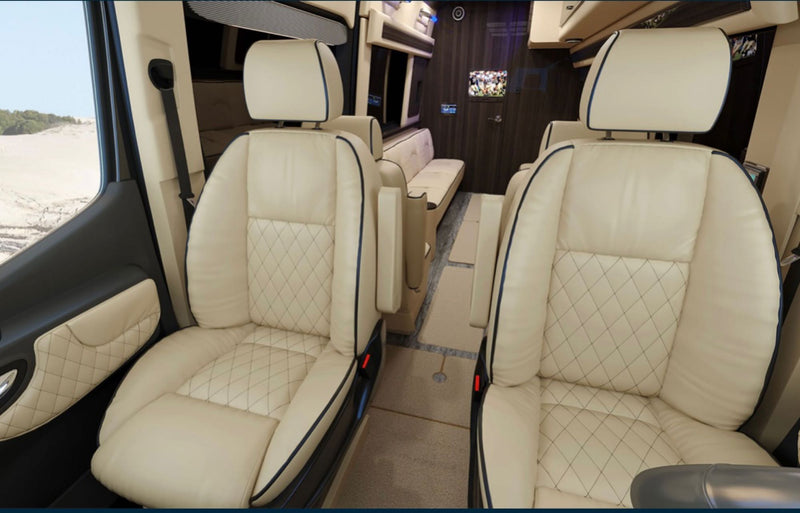  ideal for rv rental. Shows a luxurious interior with light-colored seats.|Modern Mercedes-Benz RV rental interior — photo 7