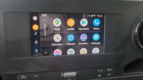 RV rental infotainment system running Android Auto with navigation, communication, and entertainment apps for your journey.